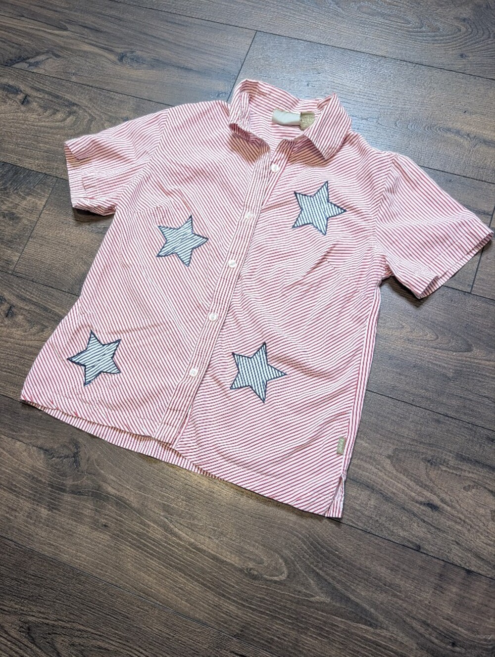 Women's Red & White Striped Button-Down Shirt with Star Appliqués Size Medium